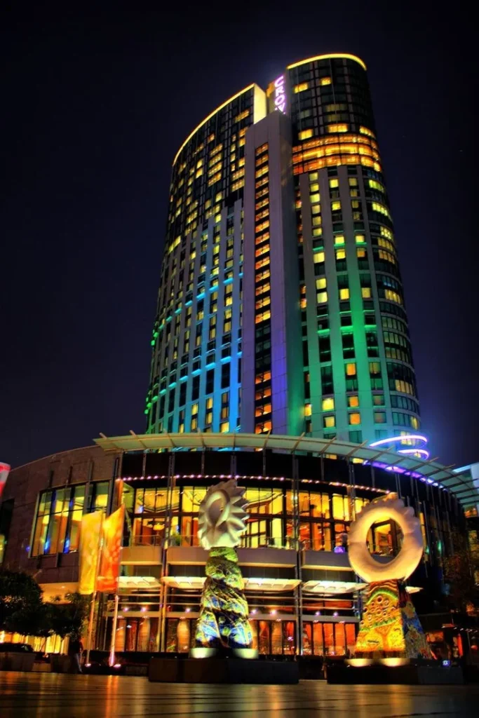 Crown Melbourne tower illuminated at night