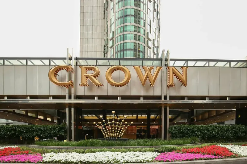 Crown Sydney sign above landscaped gardens