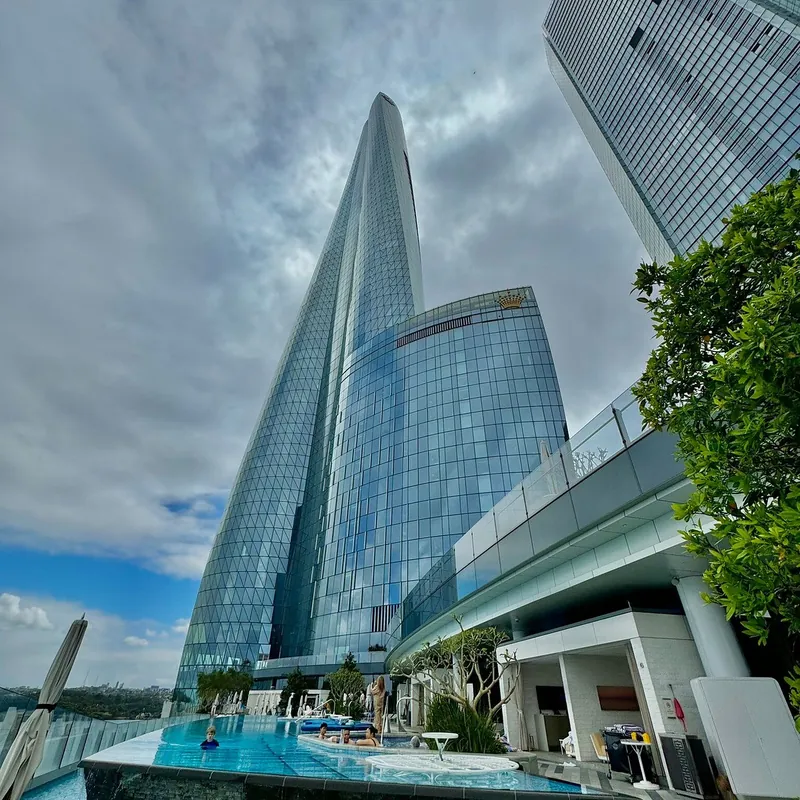 Ground-level view of the Crown Sydney tower