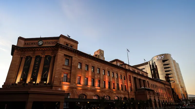 SkyCity Adelaide facade at dusk
