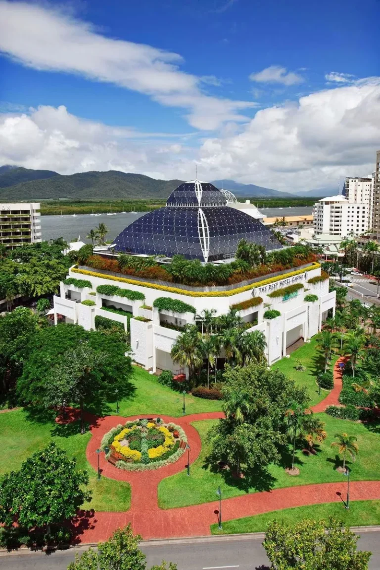 Aerial view of The Reef Hotel Casino and tropical gardens