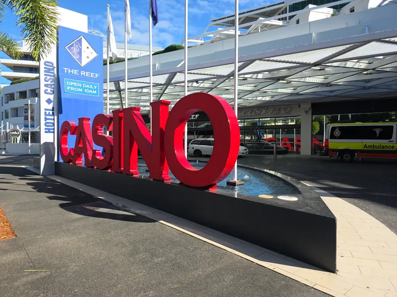 Large casino sign outside The Reef Hotel Casino