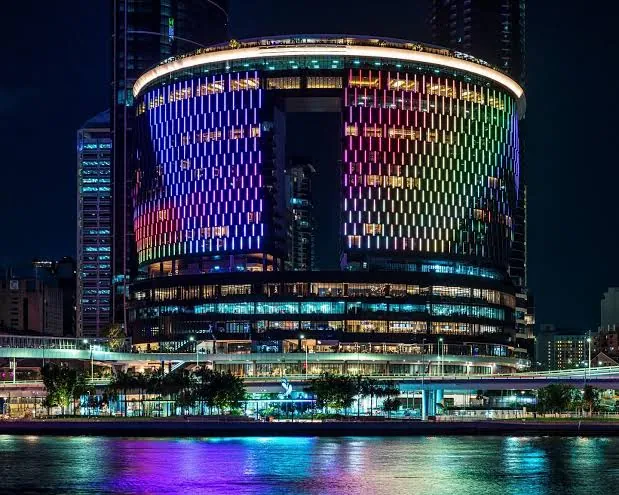 Colourful facade of The Star Brisbane at night