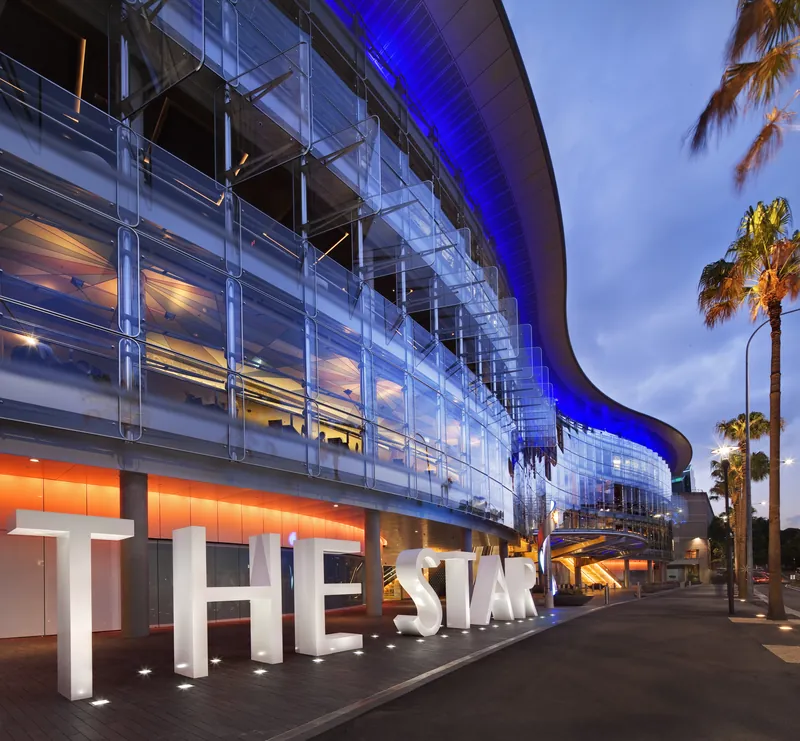 The Star Sydney facade illuminated at night