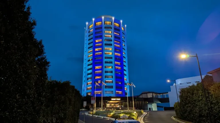 Wrest Point Casino Hotel tower illuminated at night